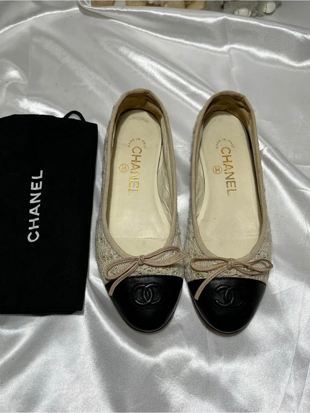 CHANEL Beige Tweed Flats with Black Cap Toe and Bow